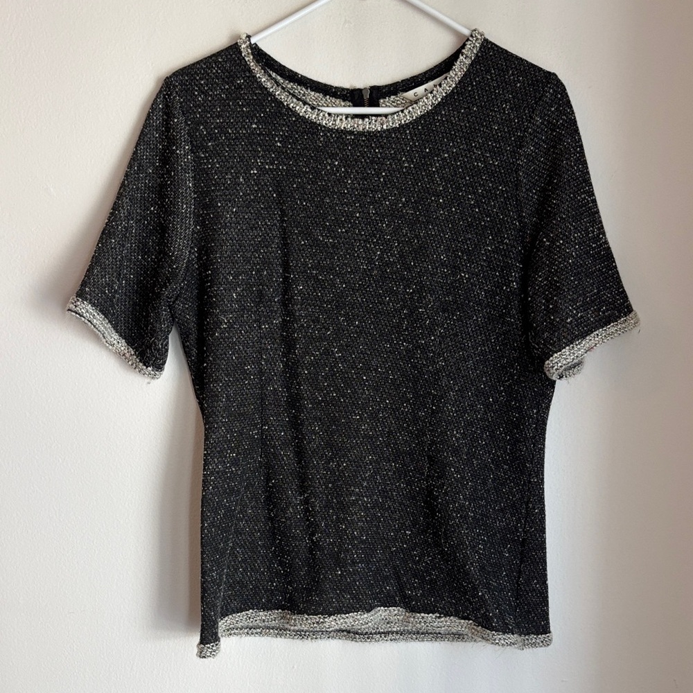 CAbi Black and White Textured tweed exposed zipper Short Sleeve Top career large
